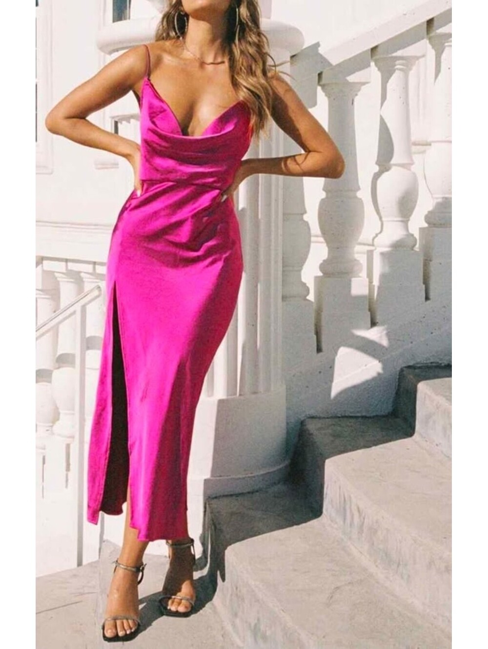 Lioness Walk The Line Pink Satin Maxi Slip Dress Cowl Neck Side Slit US 6